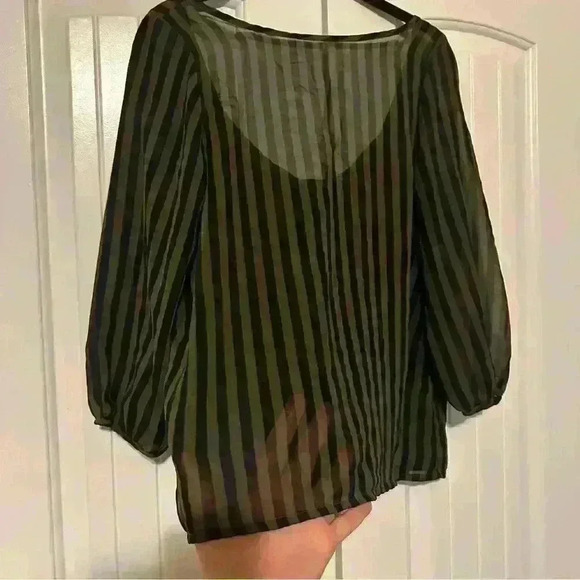 Olive and Black Women’s M Striped Sheer Blouse Bow Classic Boho modern stylish - Picture 7 of 9